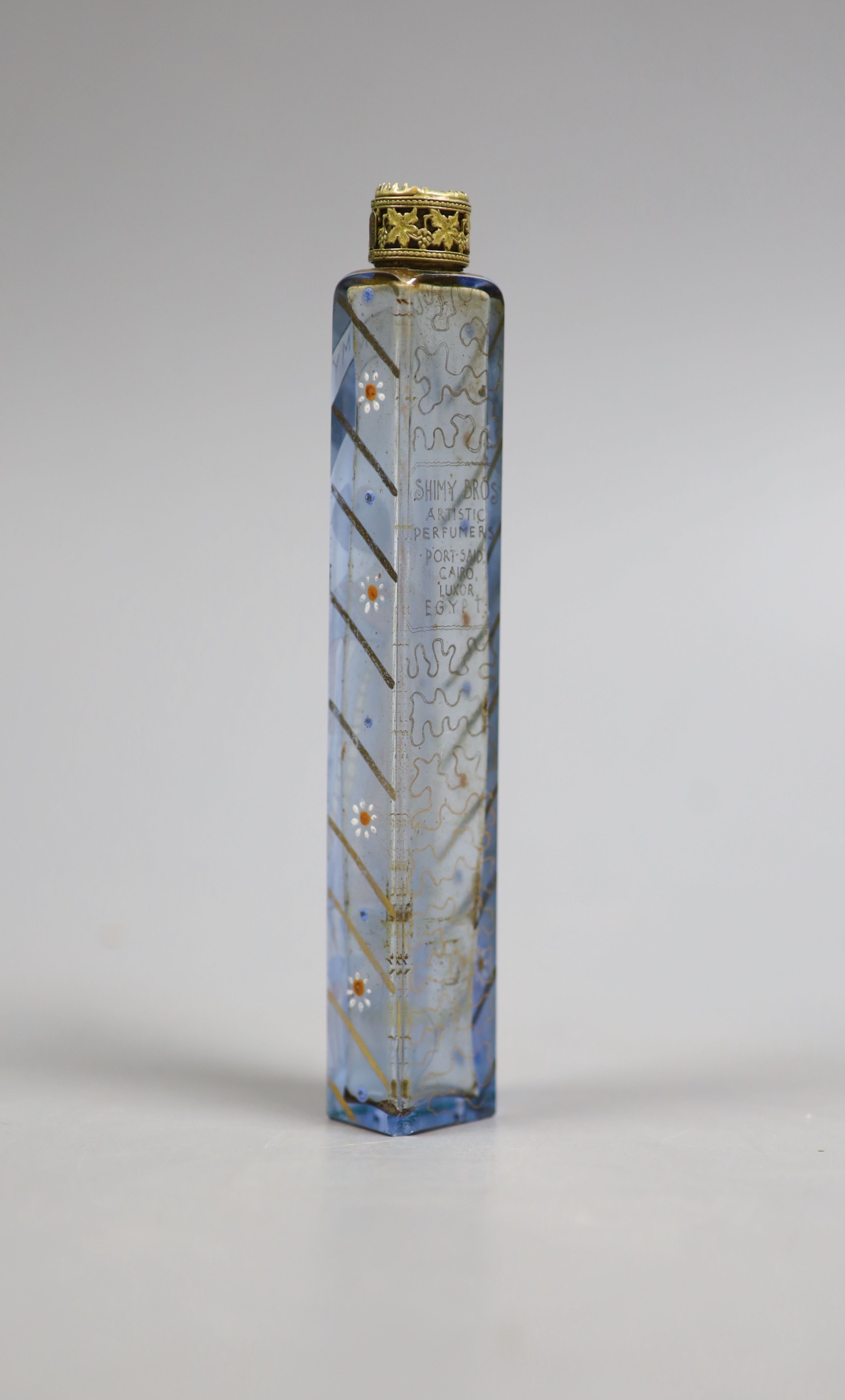 A Shimy Bros. Artistic Perfumers, Egypt enamelled glass scent bottle, 14.2 cm